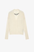 Danna Jumper - Women's off-white cotton and linen pullover with wings on the back