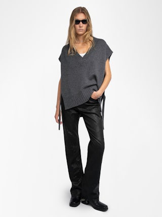 Maddy Jumper 100% Cashmere - Sleeveless jumper in 100% anthracite cashmere with a V-neck and tie detailing.