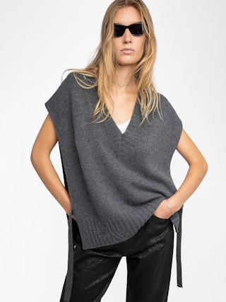 Maddy Jumper 100% Cashmere - Sleeveless jumper in 100% anthracite cashmere with a V-neck and tie detailing.