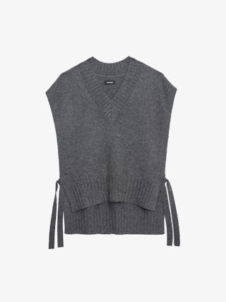 Maddy Jumper 100% Cashmere - Sleeveless jumper in 100% anthracite cashmere with a V-neck and tie detailing.