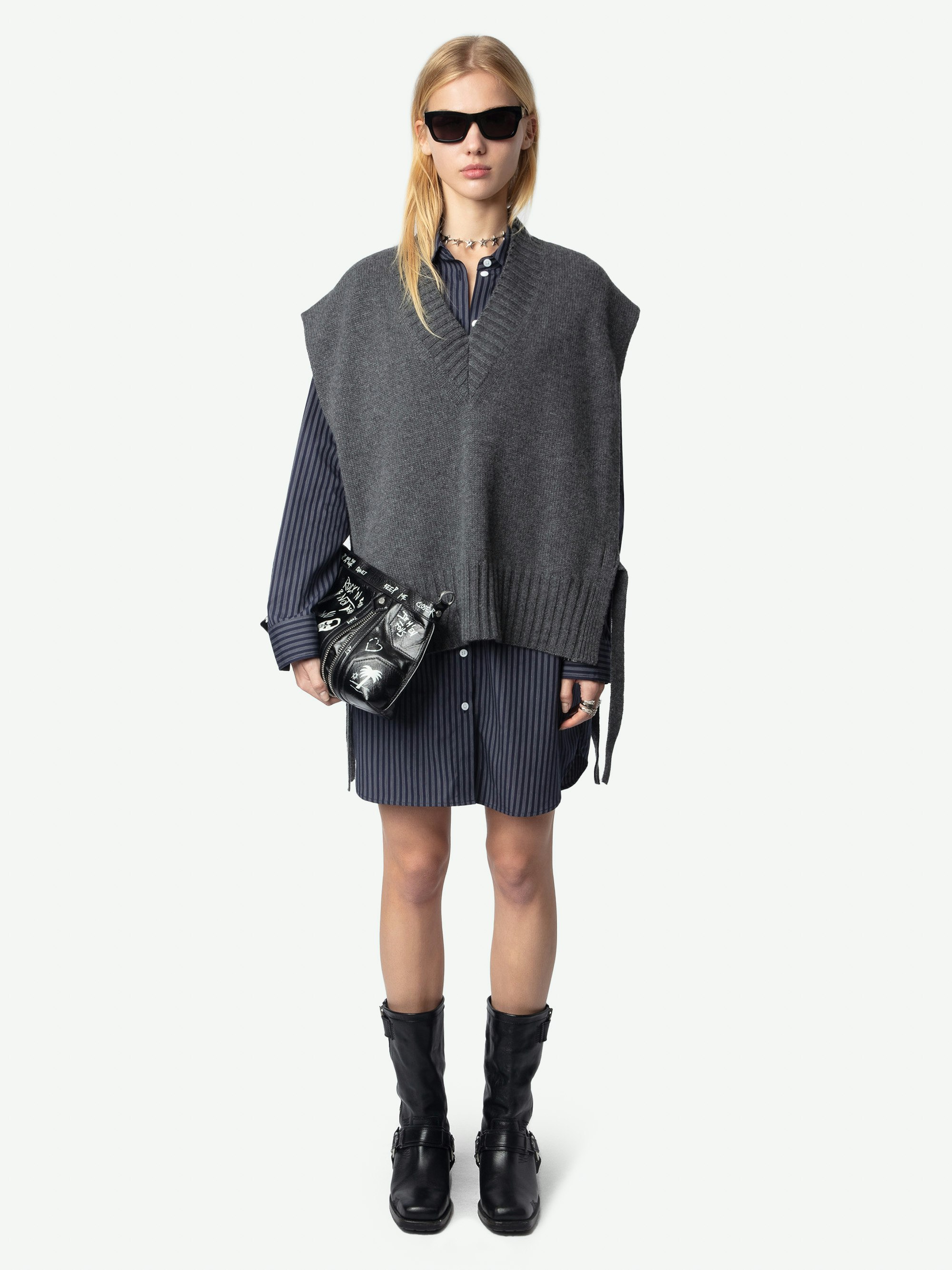 Maddy Jumper 100% Cashmere - Sleeveless jumper in 100% anthracite cashmere with a V-neck and tie detailing.