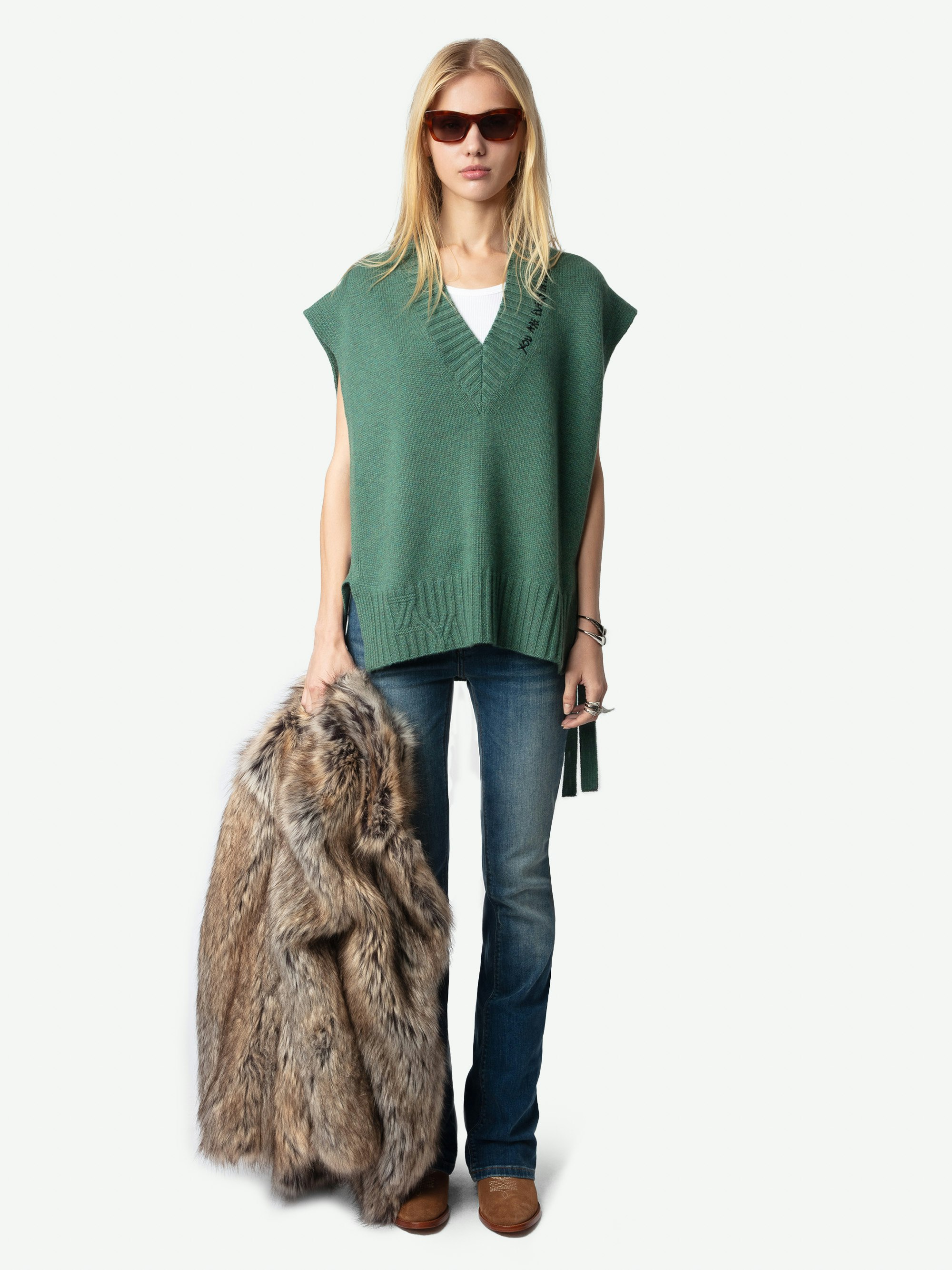 Maddy Jumper 100% Cashmere - Sleeveless 100% cashmere green jumper adorned with "You Are Everything" embroidery on the V-neck and ties to fasten.