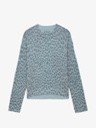 Markus Leopard Cashmere Sweater - Blue cashmere long-sleeved sweater with leopard print.