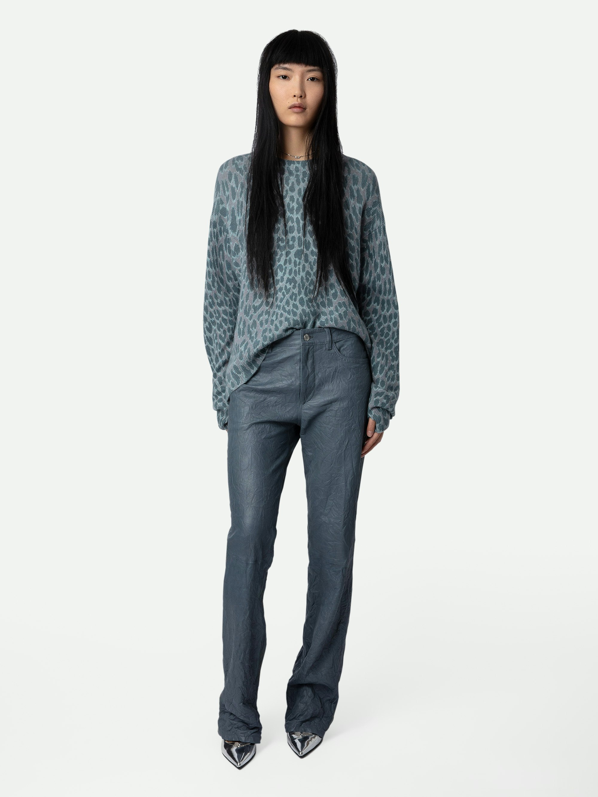 Markus Leopard Jumper 100% Cashmere  - Blue 100% cashmere long-sleeved jumper with leopard print.
