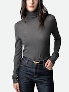 Bobby Cashmere Sweater - Women's bobby feather grey cashmere turtleneck sweater with long sleeves.