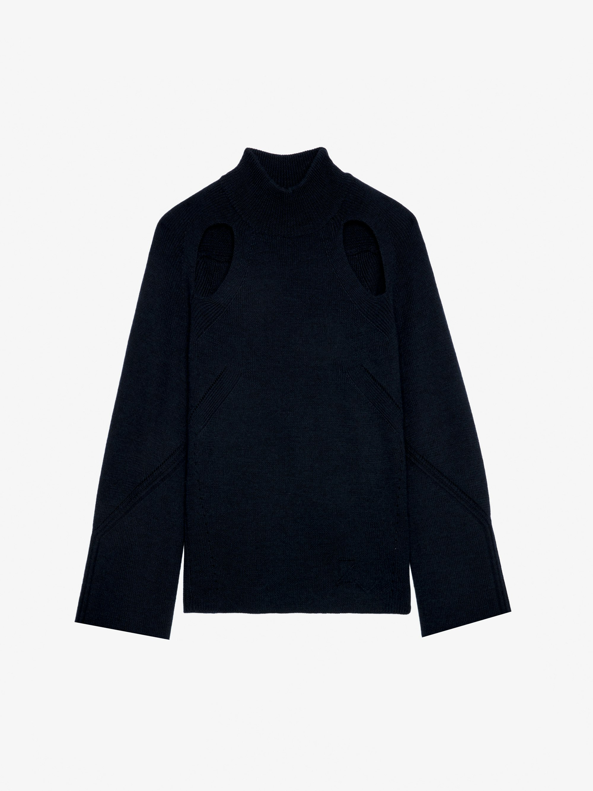 Micky Jumper - Women’s navy blue merino wool jumper with cut-outs on the shoulders and overstitching.