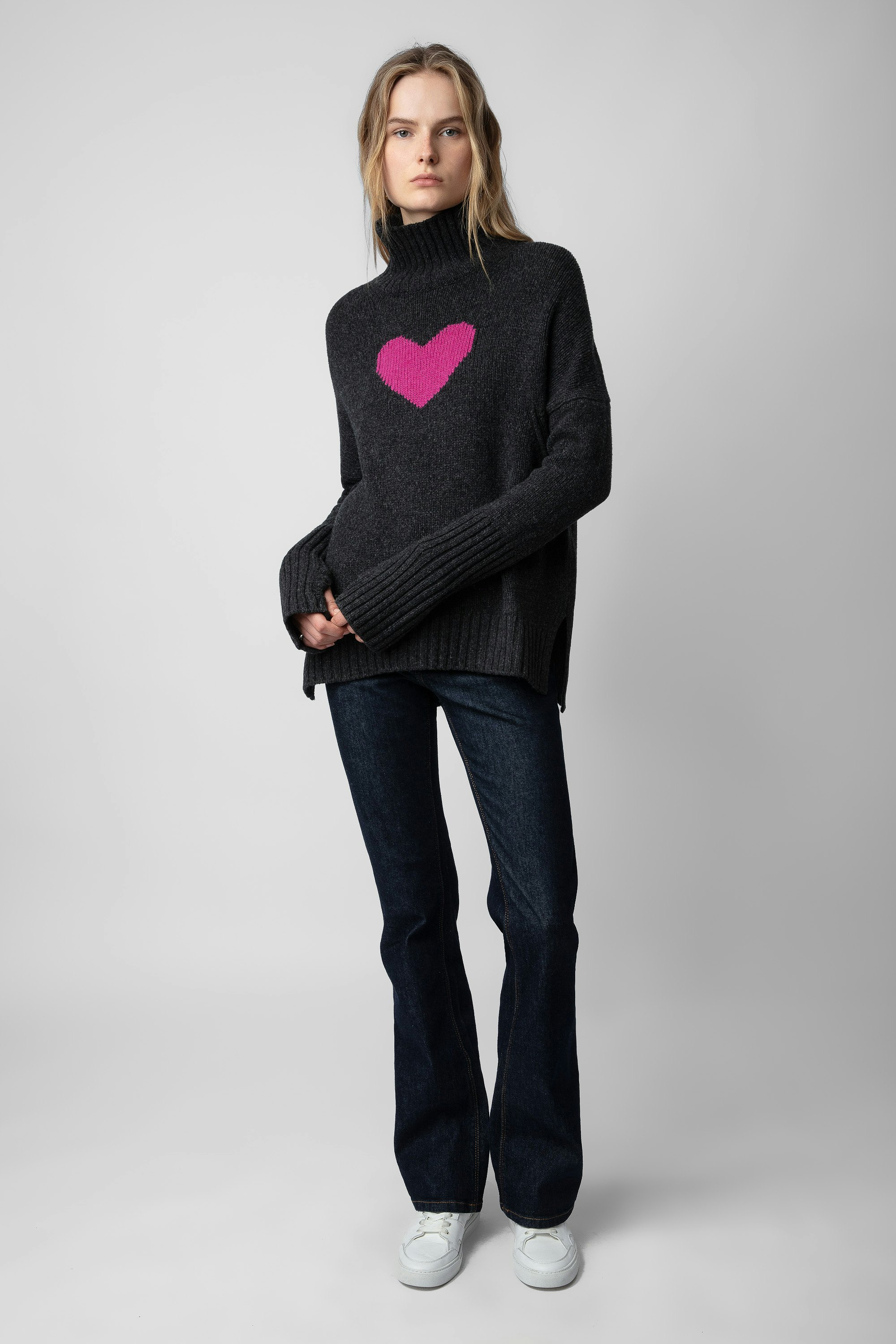 Alma Sweater - Women’s grey merino wool sweater with mock neckline and intarsia jacquard heart.