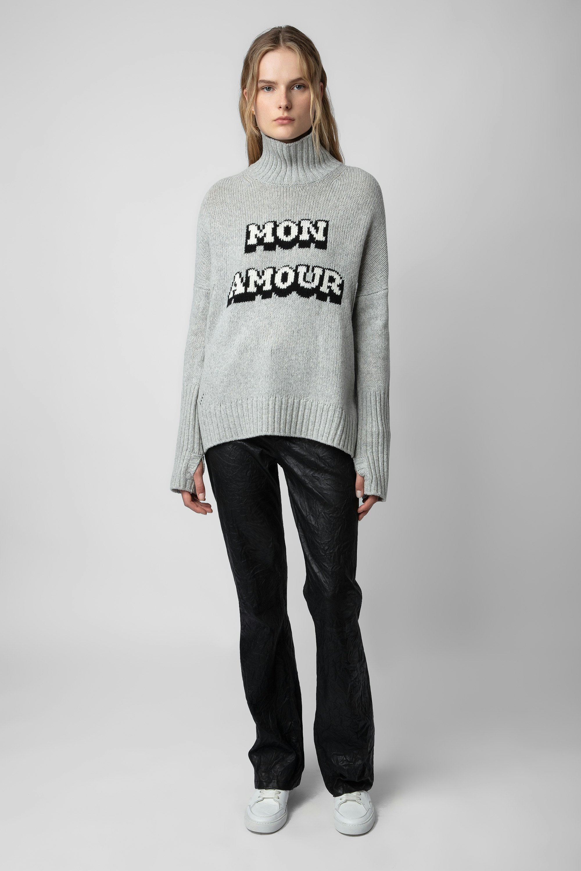 Alma Mon Amour Jumper - Women’s grey merino wool jumper with mock neckline and intarsia jacquard “Mon Amour” slogan.