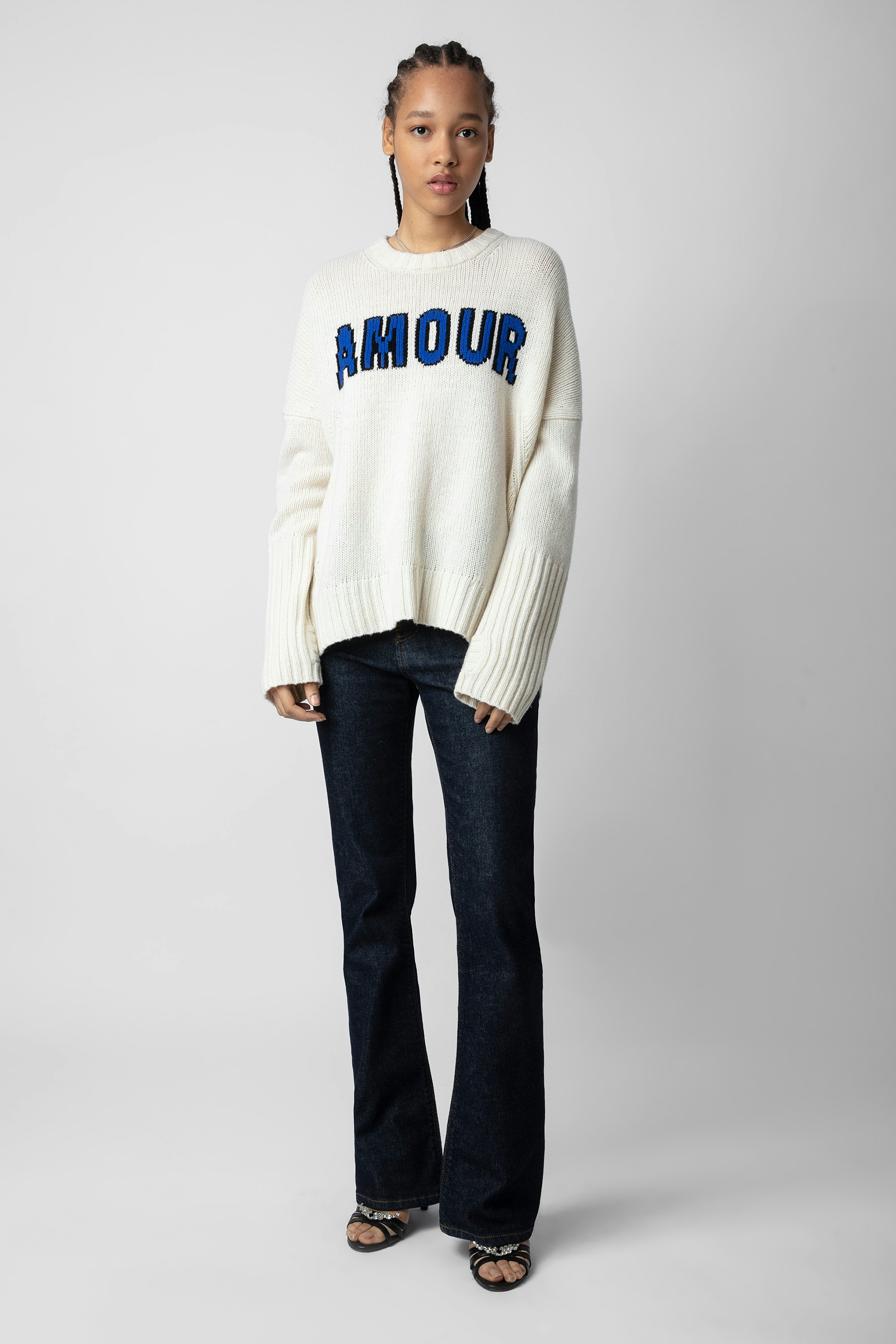 Malta Amour Sweater - Women’s ecru merino wool sweater with intarsia jacquard “Amour” slogan.