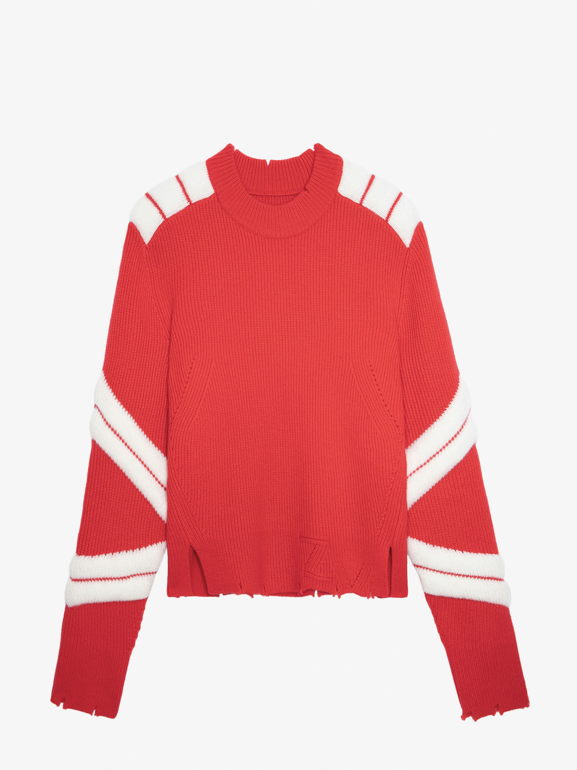 Georgia Sweater - Women’s red merino wool sweater with embossed contrasting motifs and distressed trim.