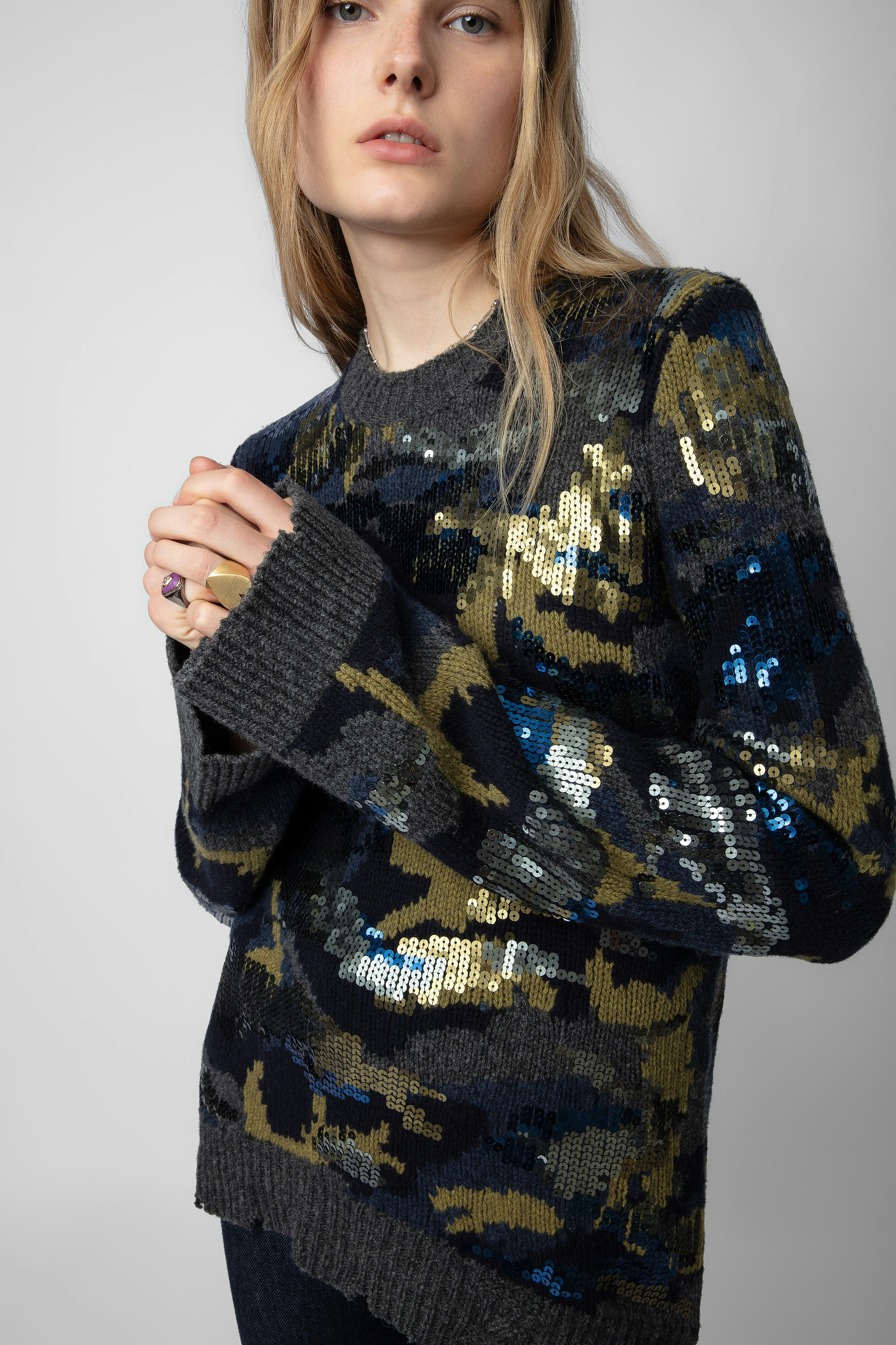 Cosmy Sequins Sweater - Women’s camouflage grey merino wool sweater with sequins.
