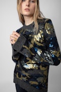 Cosmy Sequins Jumper - Women’s camouflage grey merino wool jumper with sequins.