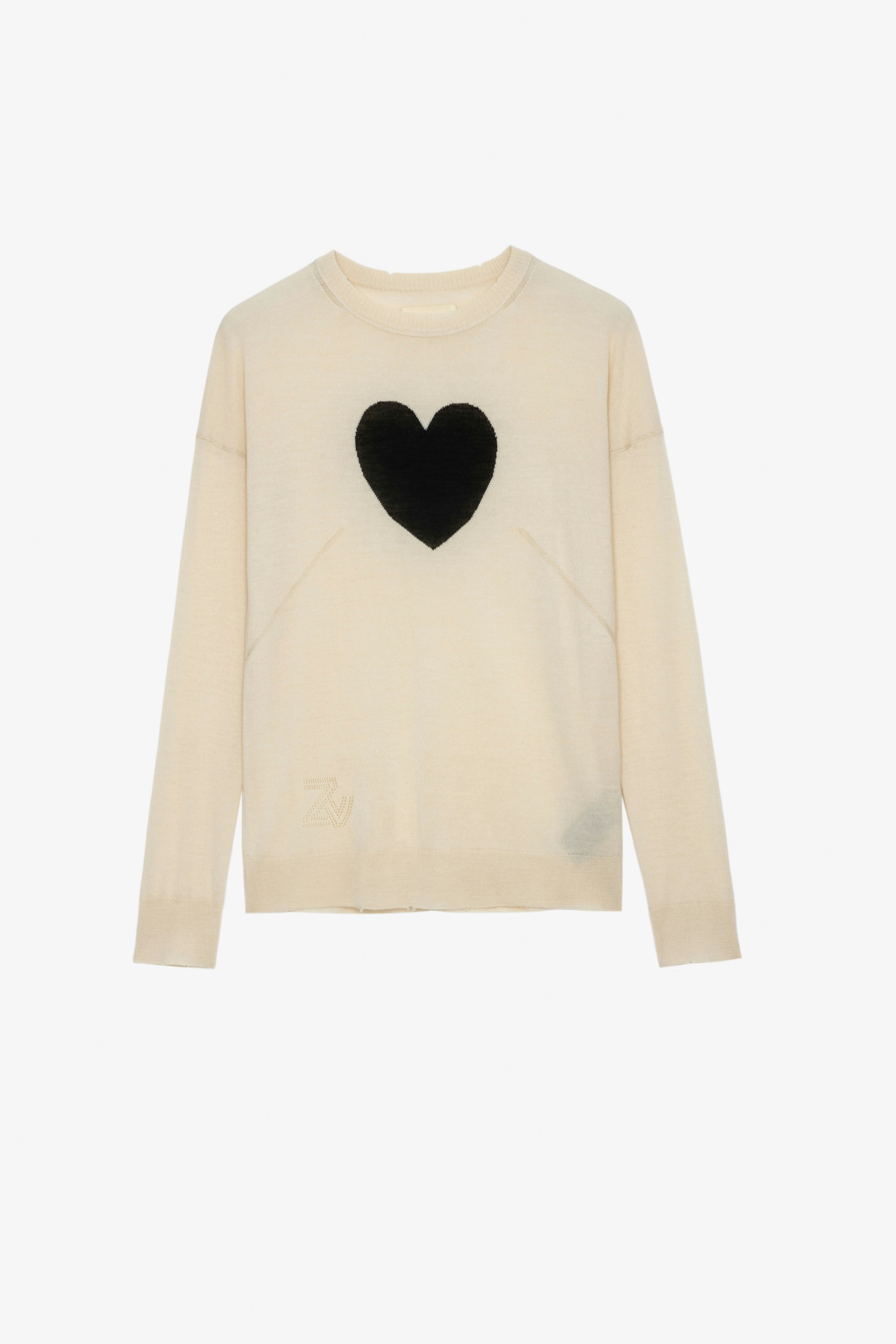 Gaby Heart Intarsia Sweater - Women's white sweater with black heart on front.