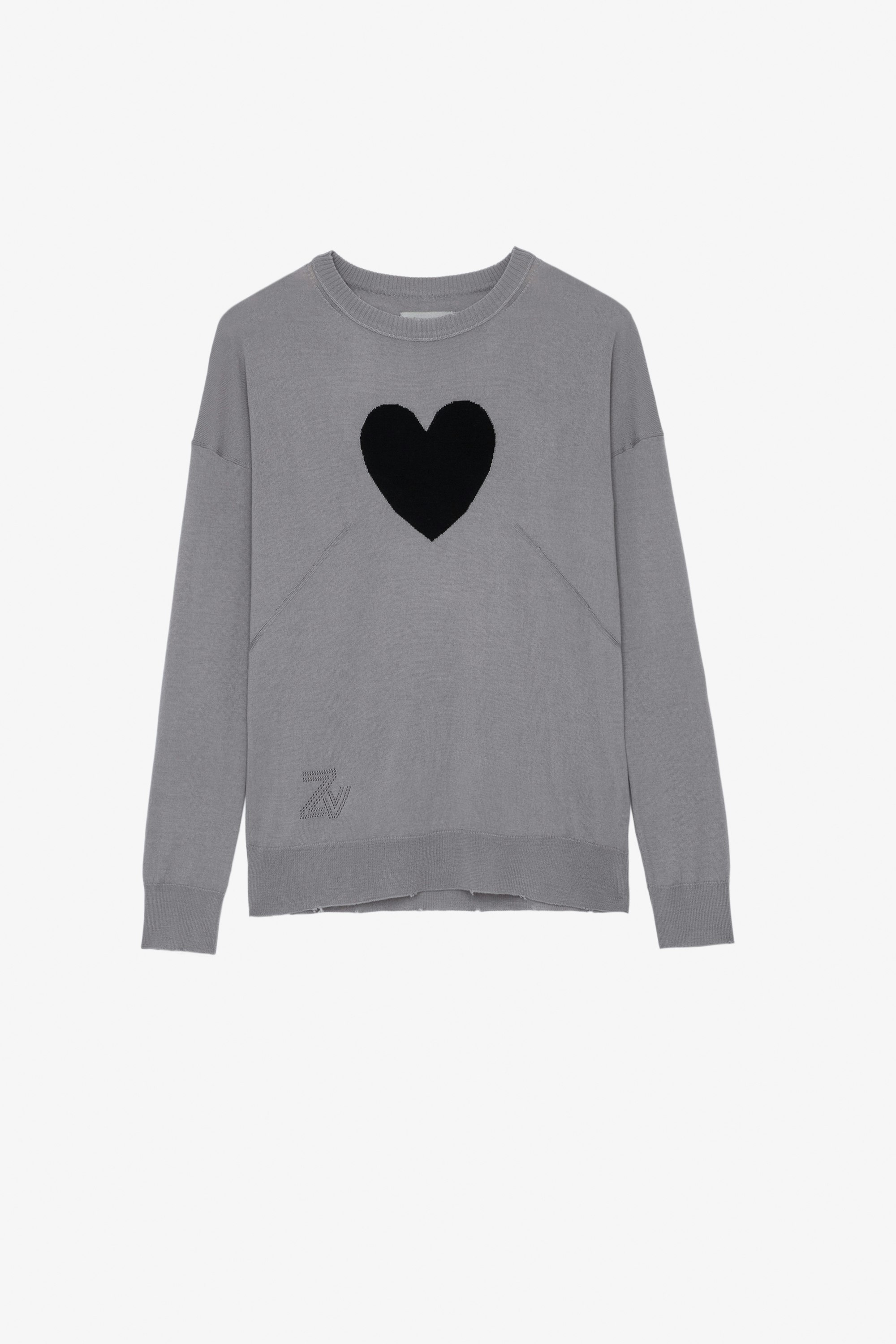 Gaby Heart Intarsia Sweater - Women's grey sweater with black heart on front.