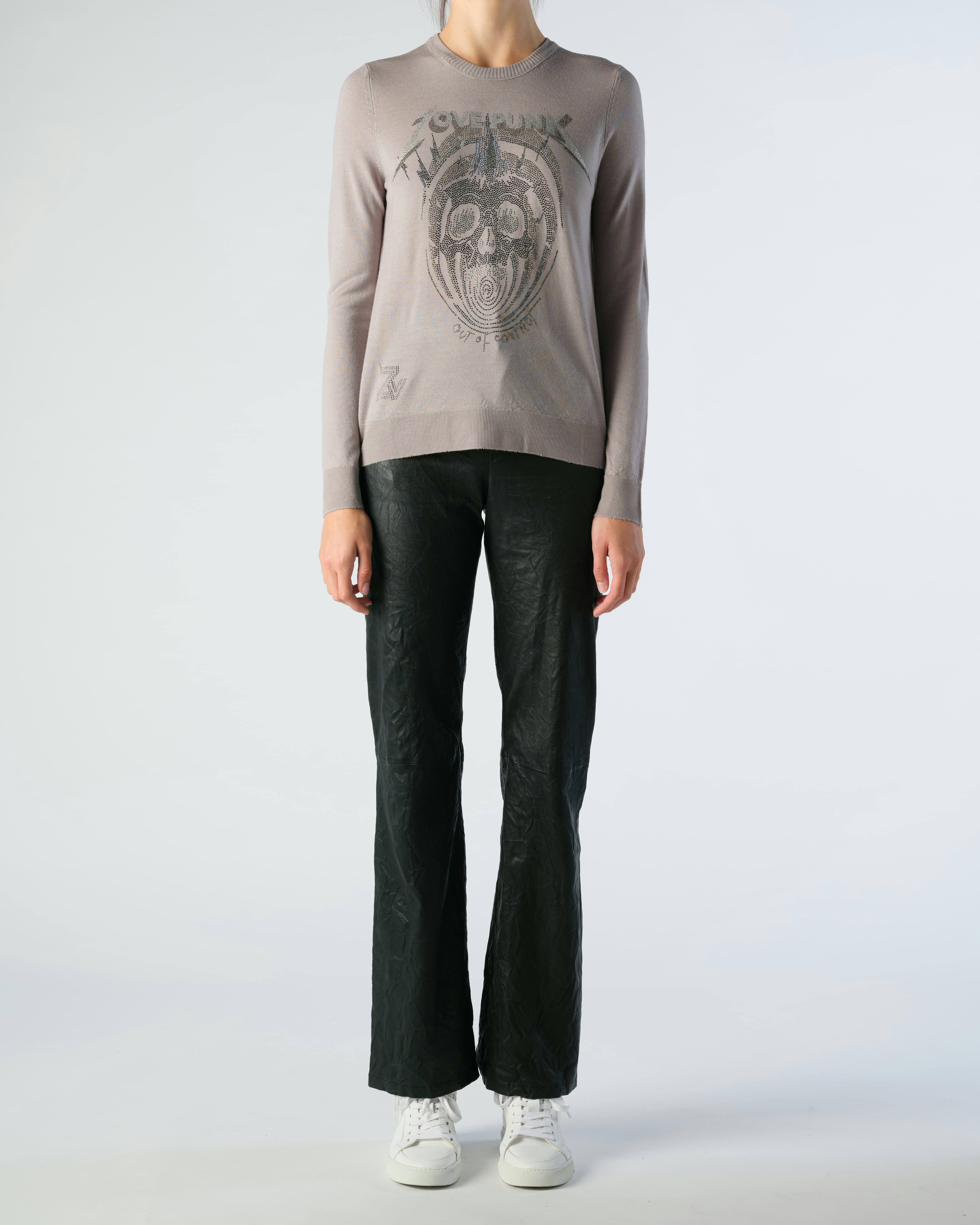 Miss Punk Diamanté Sweater - Women's grey wool sweater with diamanté skull on front.