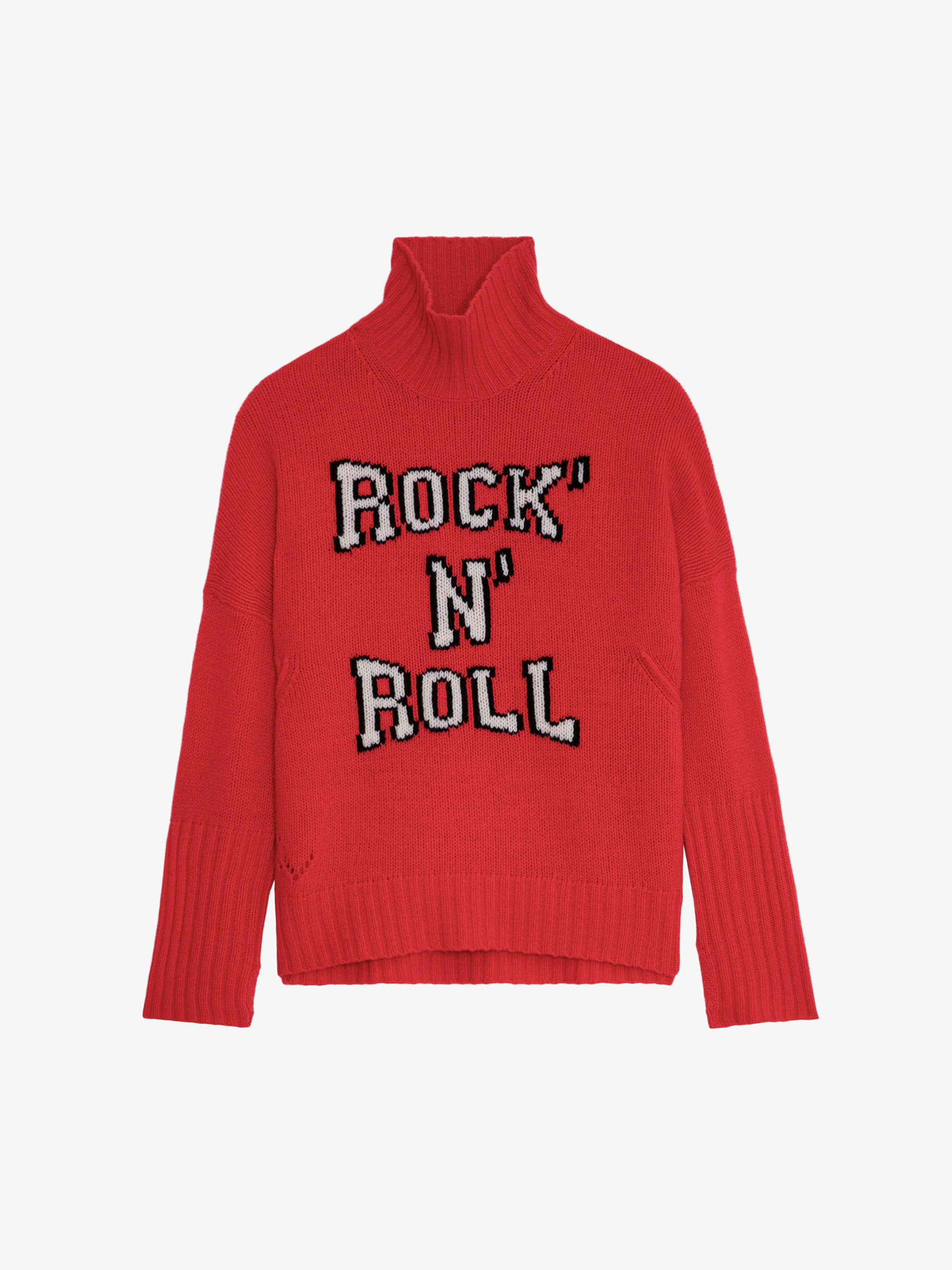 Alma Rock N Roll Jumper - Women’s red merino wool jumper with mock neckline and intarsia jacquard “Rock ‘N’ Roll” slogan.