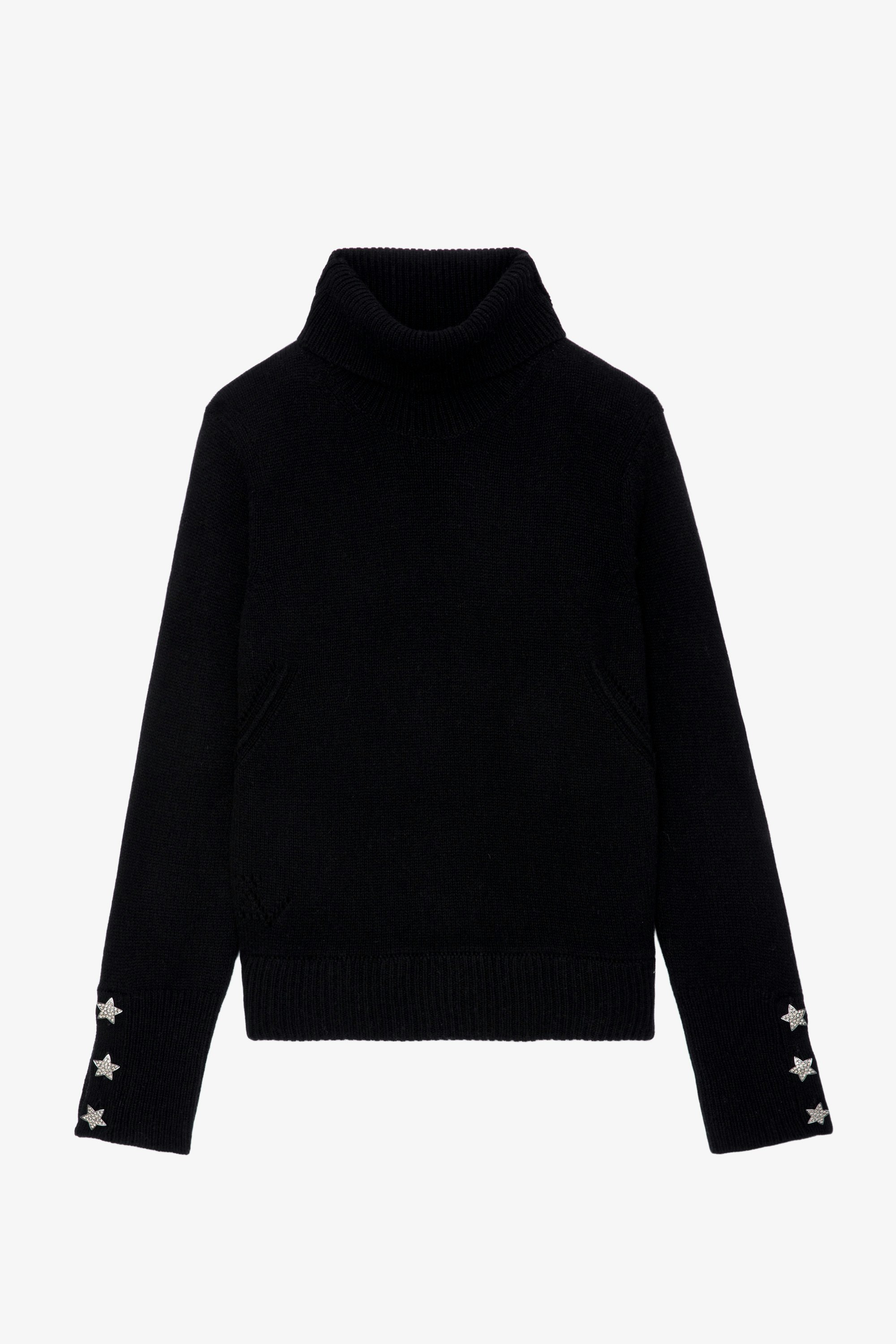 Boxy Jewelled Sweater - Black knit jumper with mock neck and sleeves with rhinestone encrusted star buttons.