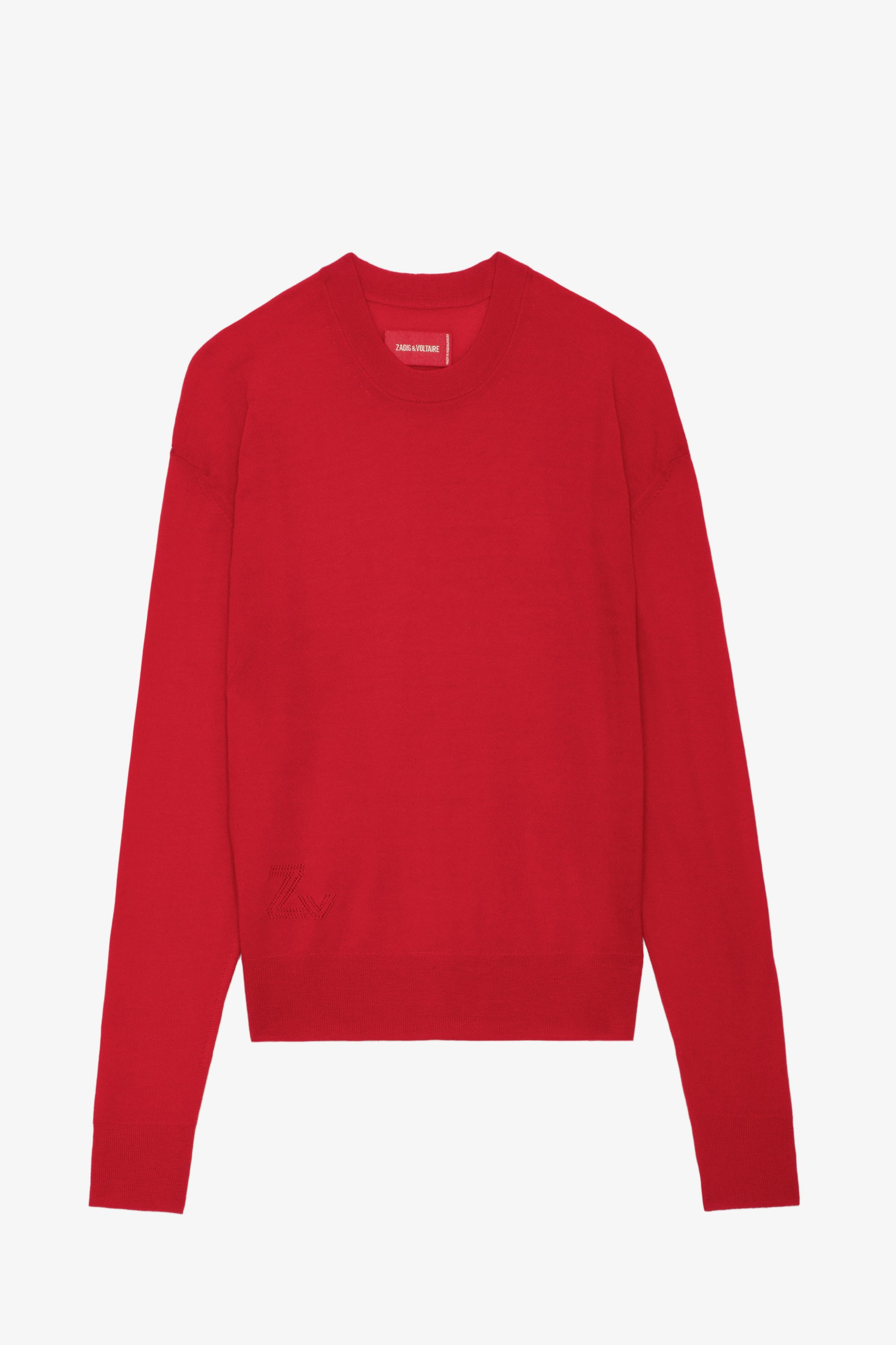 Emmy Jumper - Red merino wool round-neck jumper with long sleeves featuring a cut-out.