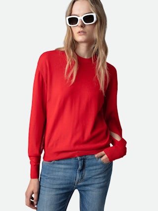 Pull Emmy 100% Laine Merinos - Pull en 100% laine mérinos rouge muni d'un col rond et de manches longues à découpe.