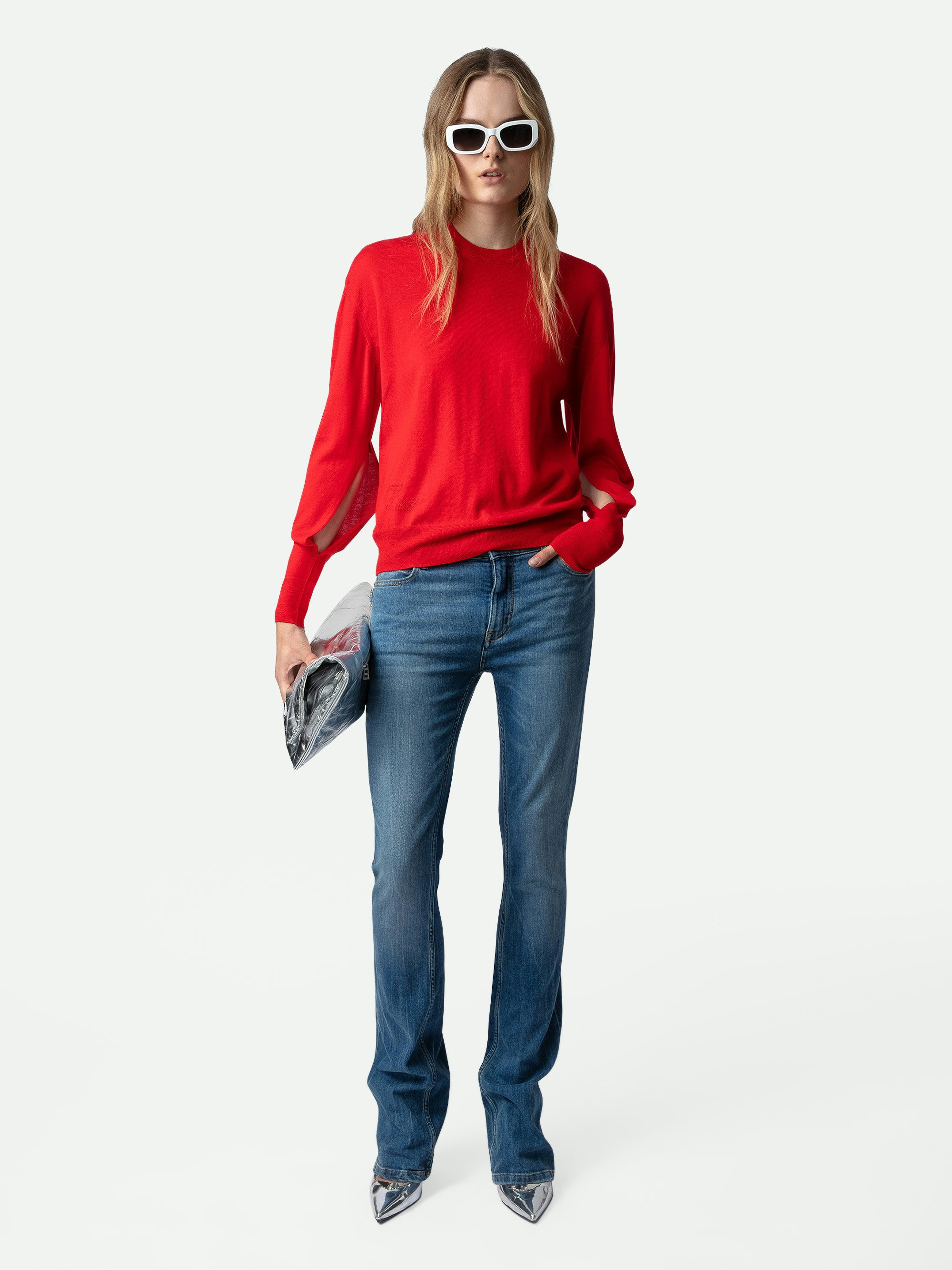 Emmy Sweater - Red merino wool round-neck jumper with long sleeves featuring a cut-out.