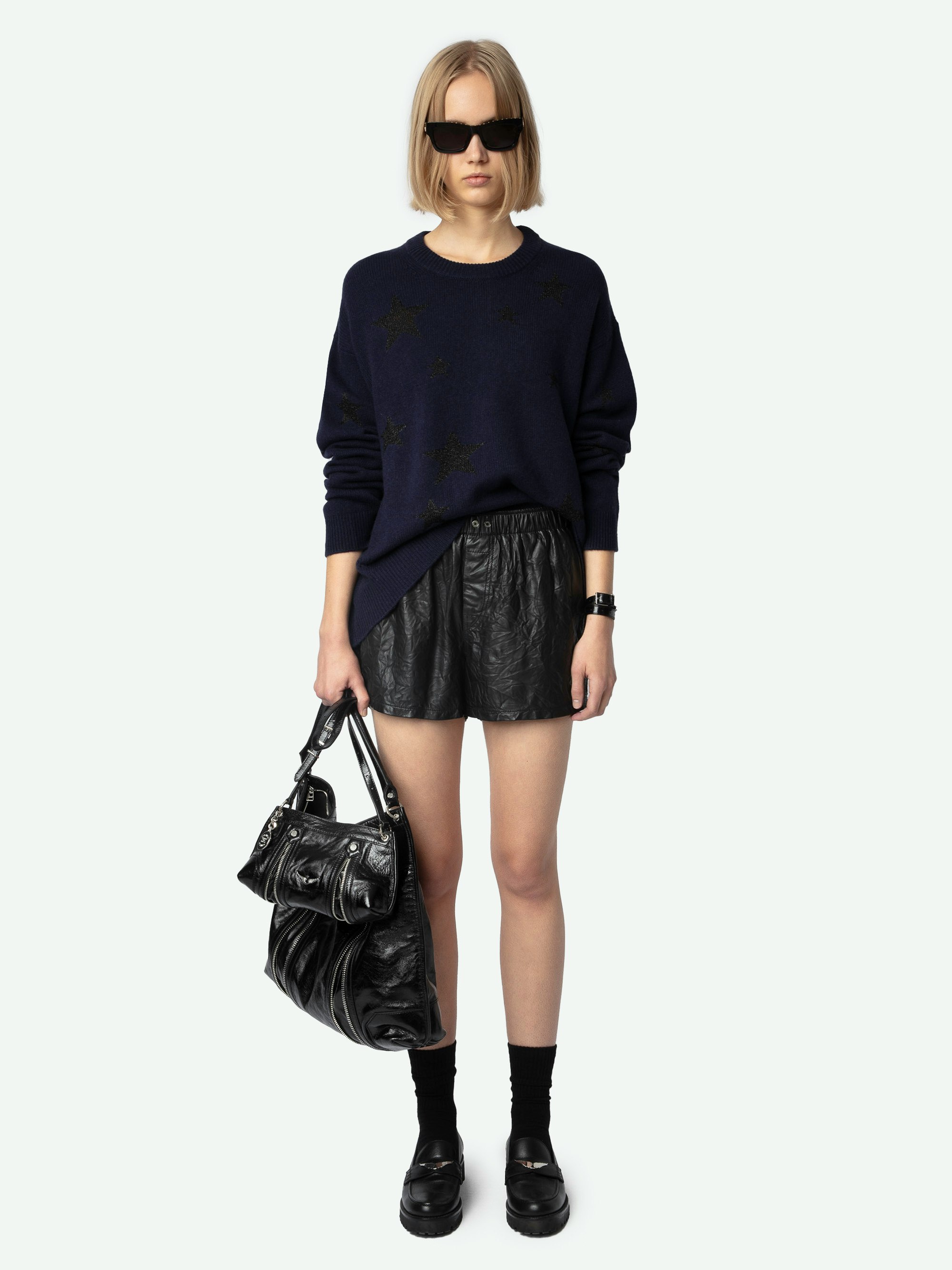 Markus Cashmere Jumper - Navy blue cashmere long-sleeved jumper with decorative star motifs.