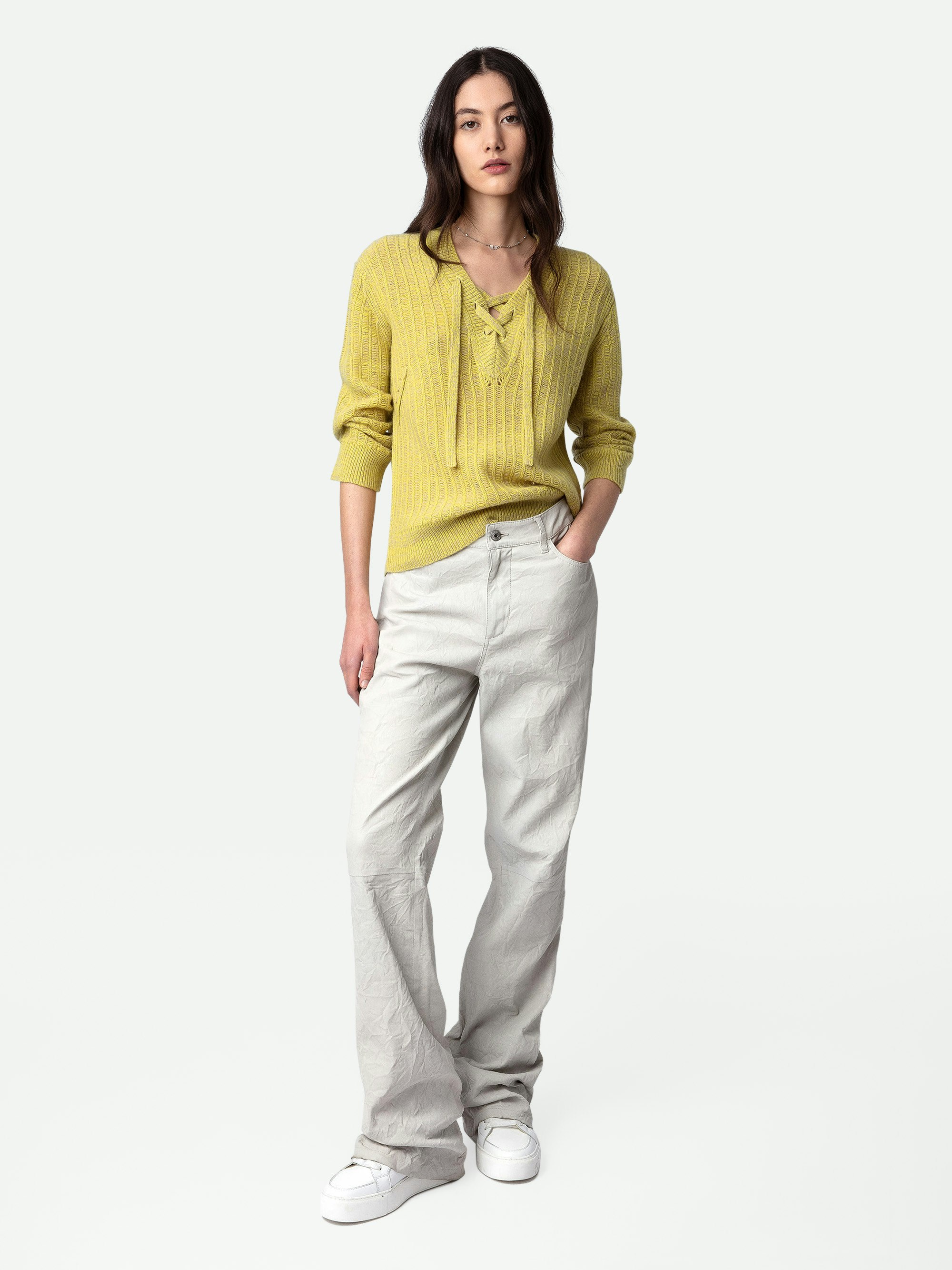 Fanny Sweater - Light yellow merino wool sweater with openwork details, long sleeves and drawstring ties.