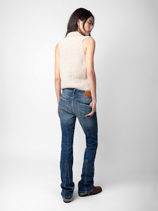 Pull Lunny 100% Laine Merinos - Pull sans manches court et ajouré en 100% laine mérinos écrue à col V ouvert.