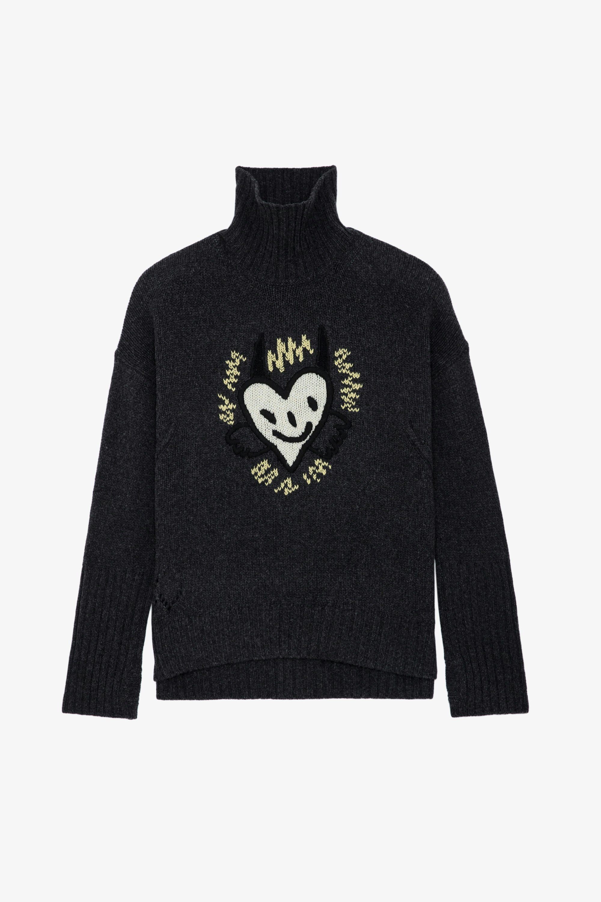 Alma We Heart Sweater - Women’s dark grey merino wool sweater with mock neckline and customized details designed by Humberto Cruz.