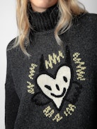 Alma We Heart Sweater - Merino wool women's grey sweater with heart embroidery, mock neckline, and customized details designed by Humberto Cruz.