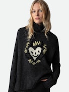 Alma We Heart Sweater - Merino wool women's grey sweater with heart embroidery, mock neckline, and customized details designed by Humberto Cruz.