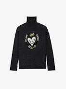 Alma We Heart Sweater - Merino wool women's grey sweater with heart embroidery, mock neckline, and customized details designed by Humberto Cruz.