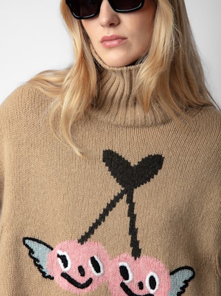 Pull Alma 100% Laine Merinos - Pull en 100% laine mérinos marron à col montant, manches longues et customisations créées par Humberto Cruz.