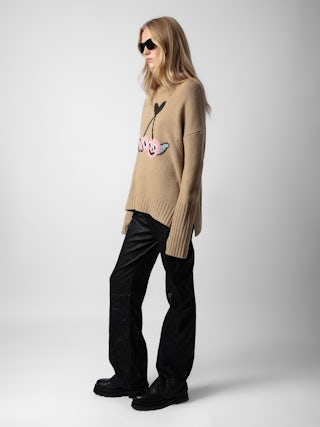 Pull Alma 100% Laine Merinos - Pull en 100% laine mérinos marron à col montant, manches longues et customisations créées par Humberto Cruz.