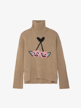 Pull Alma 100% Laine Merinos - Pull en 100% laine mérinos marron à col montant, manches longues et customisations créées par Humberto Cruz.