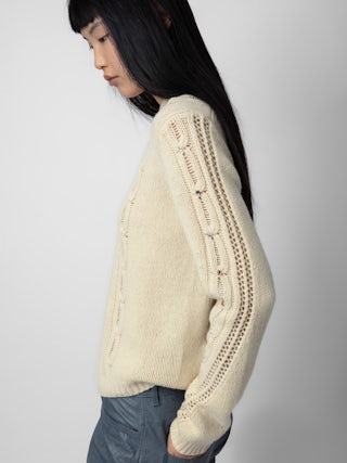 Morley Jumper 100% Merino Wool - Openwork jumper with long sleeves, cable knit and rhinestones.