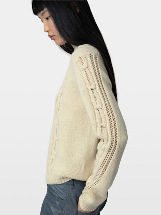 Jumper Morley 100% merino wool - Openwork jumper with long sleeves, cables and rhinestones.