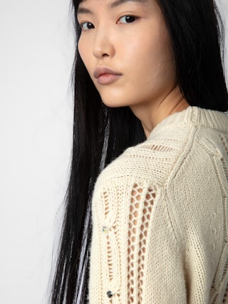 Morley Jumper 100% Merino Wool - Openwork jumper with long sleeves, cable knit and rhinestones.