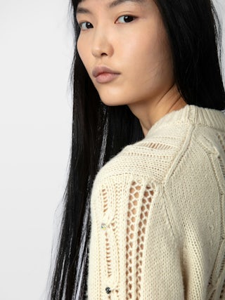 Jumper Morley 100% merino wool - Openwork jumper with long sleeves, cables and rhinestones.