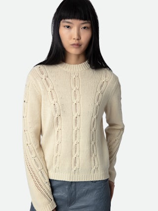 Morley Jumper 100% Merino Wool - Openwork jumper with long sleeves, cable knit and rhinestones.