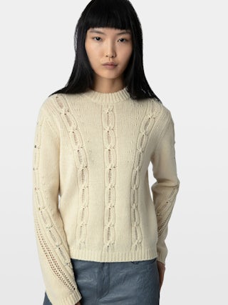 Jumper Morley 100% merino wool - Openwork jumper with long sleeves, cables and rhinestones.