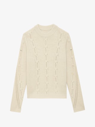 Morley Jumper 100% Merino Wool - Openwork jumper with long sleeves, cable knit and rhinestones.