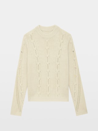 Jumper Morley 100% merino wool - Openwork jumper with long sleeves, cables and rhinestones.
