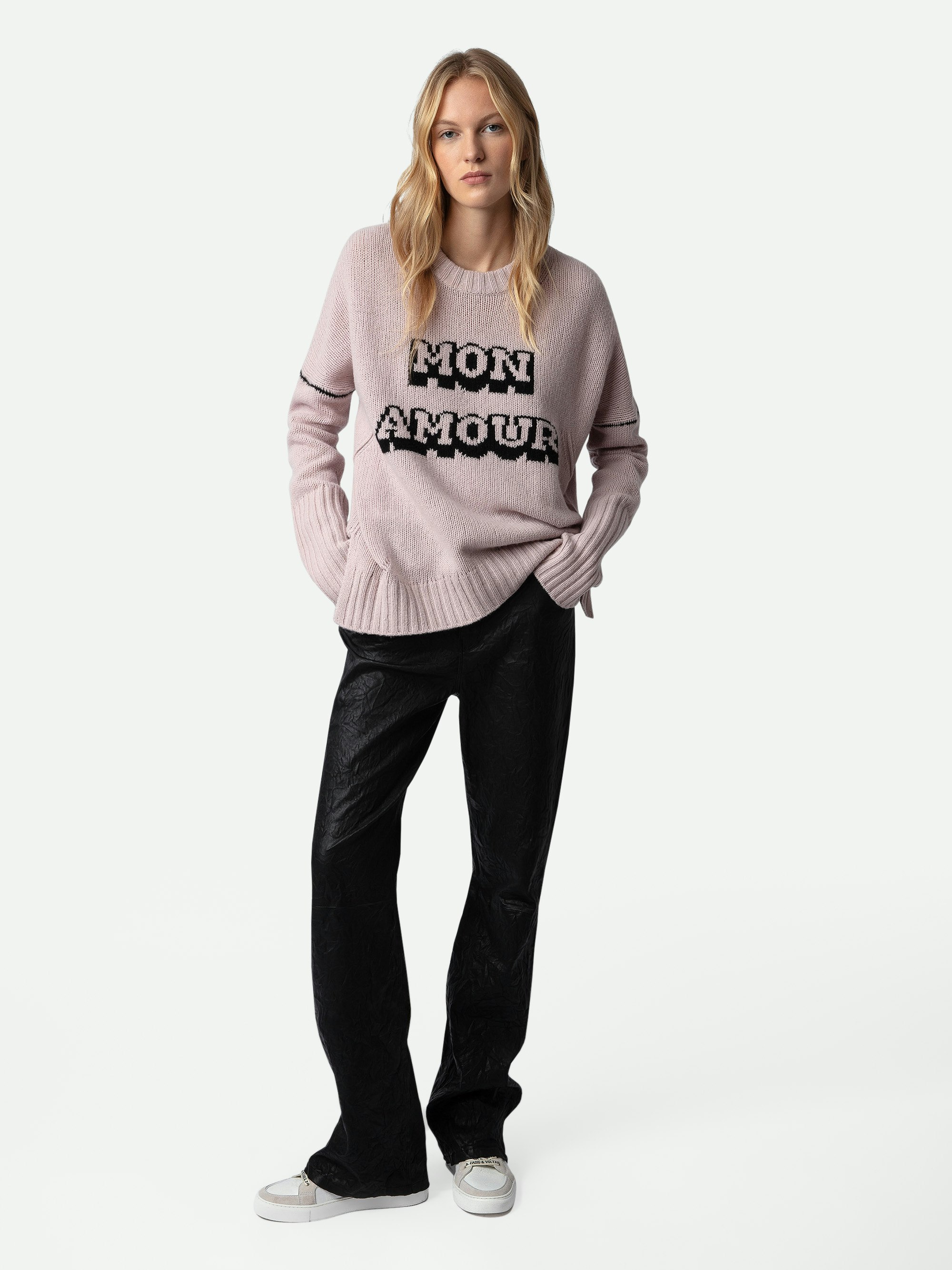 Malta Mon Amour Sweater - Women’s pink merino wool sweater with intarsia jacquard “Mon Amour” slogan.