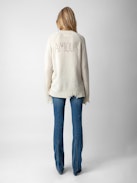 Valma Amour Sweater - Women's white pointelle sweater with "AMOUR" detail on the back in merino wool.