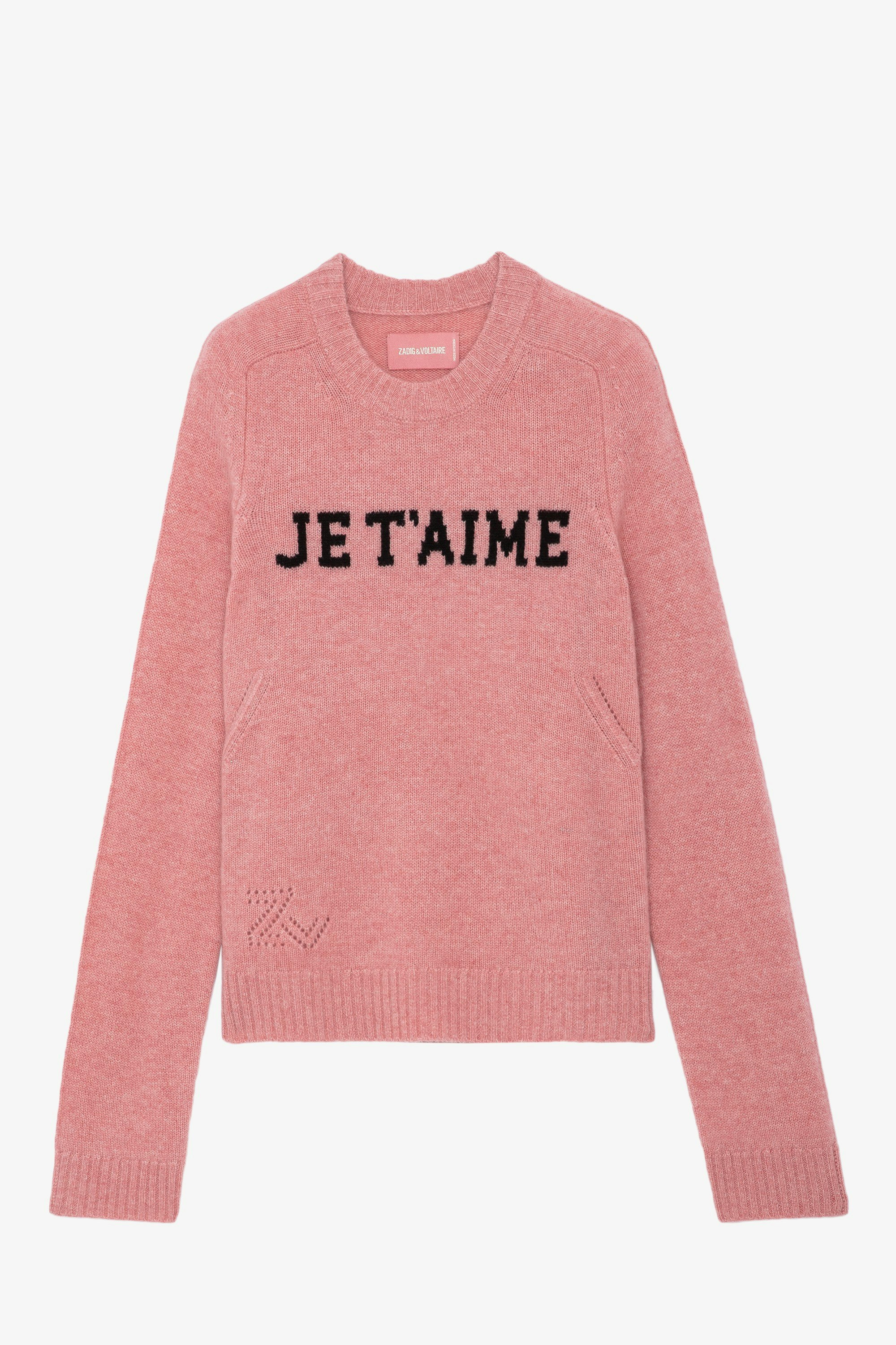 Lili Cashmere Sweater - Women’s pink cashmere sweater with "Je T'aime" slogan on front.