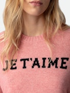 Lili Cashmere Sweater - Women’s pink cashmere sweater with "Je T'aime" slogan on front.