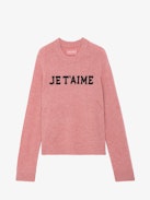 Lili Cashmere Sweater - Women’s pink cashmere sweater with "Je T'aime" slogan on front.
