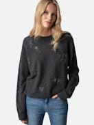 Pravis Cashmere Diamanté Sweater - Khaki grey embellished cashmere sweater with long sleeves, diamanté, and customized details designed by Humberto Cruz.