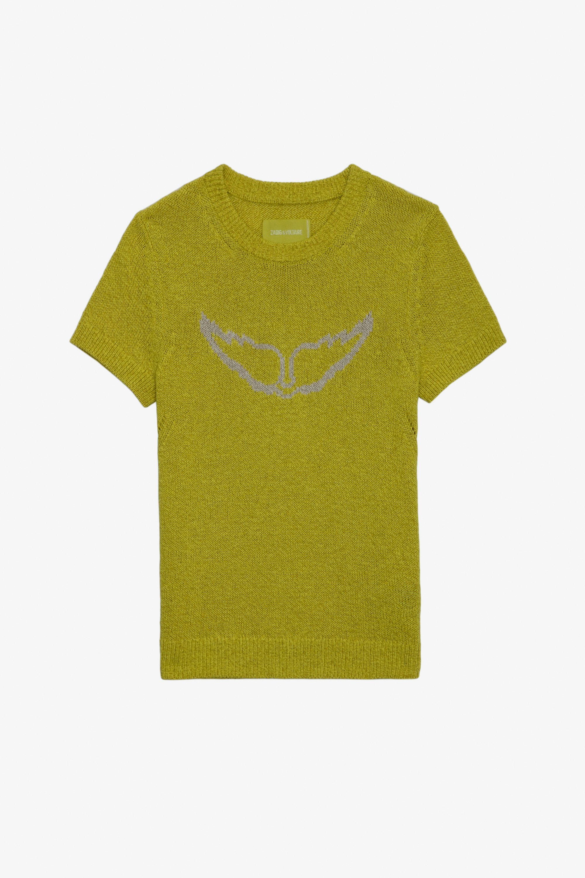 Sorly Wings Jumper - Yellow linen and cotton short-sleeved jumper with intarsia jacquard wings.