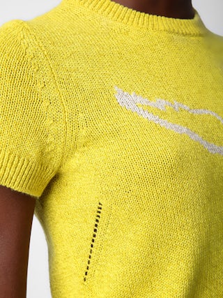 Pull Sorly - Pull en lin et coton jaune à manches courtes et ailes en jacquard intarsia.